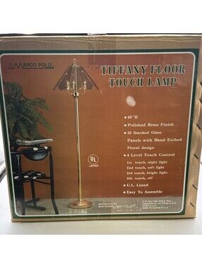 Vintage Marco Polo Tiffany Floor Touch Lamp 60” Brass 10 Smoked Glass New In Box